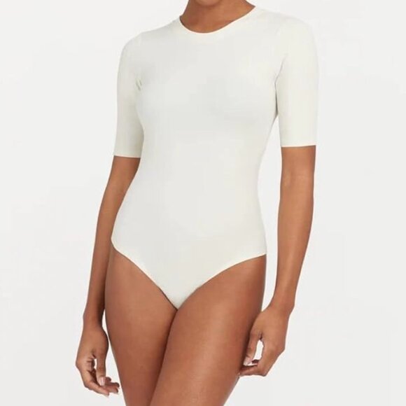 SPANX Tops - SPANX Suit Yourself Cream Ribbed Thong Bodysuit Size L